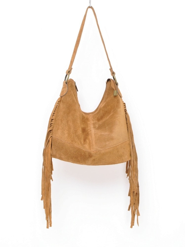 Bolso de hombro de piel serraje con flecos laterales CAMEL 8539