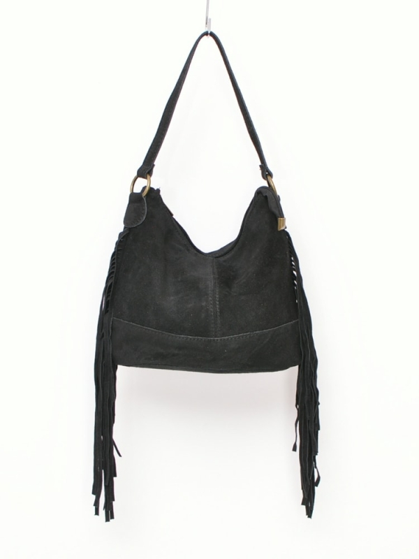 Bolso de hombro de piel serraje con flecos laterales NEGRO 8539