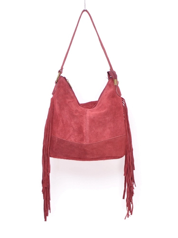 Bolso de hombro de piel serraje con flecos laterales ROJO VINO 8539