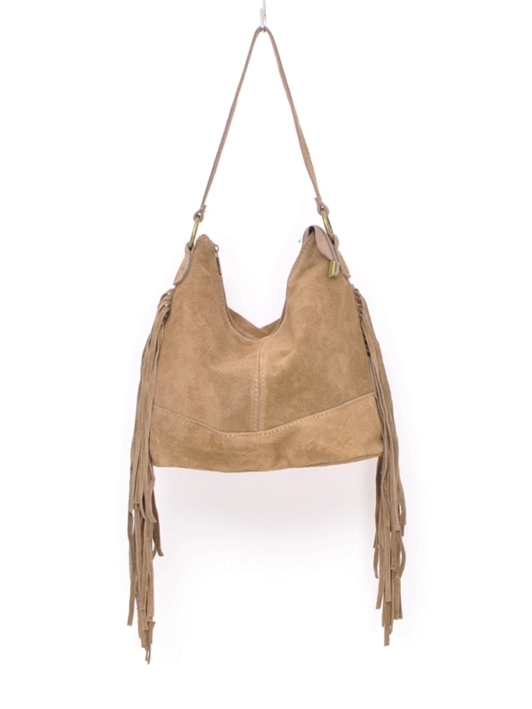 Bolso de hombro de piel serraje con flecos laterales TAUPE 8539