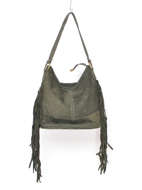 Bolso de hombro de piel serraje con flecos laterales VERDE MILITAR 8539