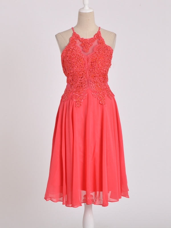 vestido fiesta corto cuello Halter encaje coral