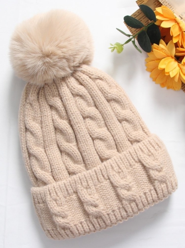 Gorro de lana con pompón de mujer BEIGE