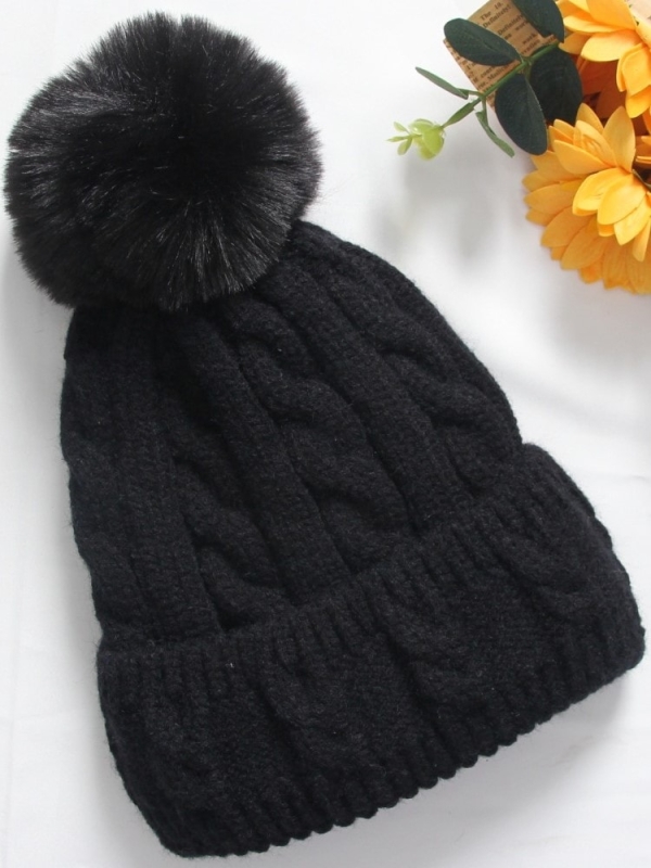 Gorro de lana con pompón de mujer NEGRO