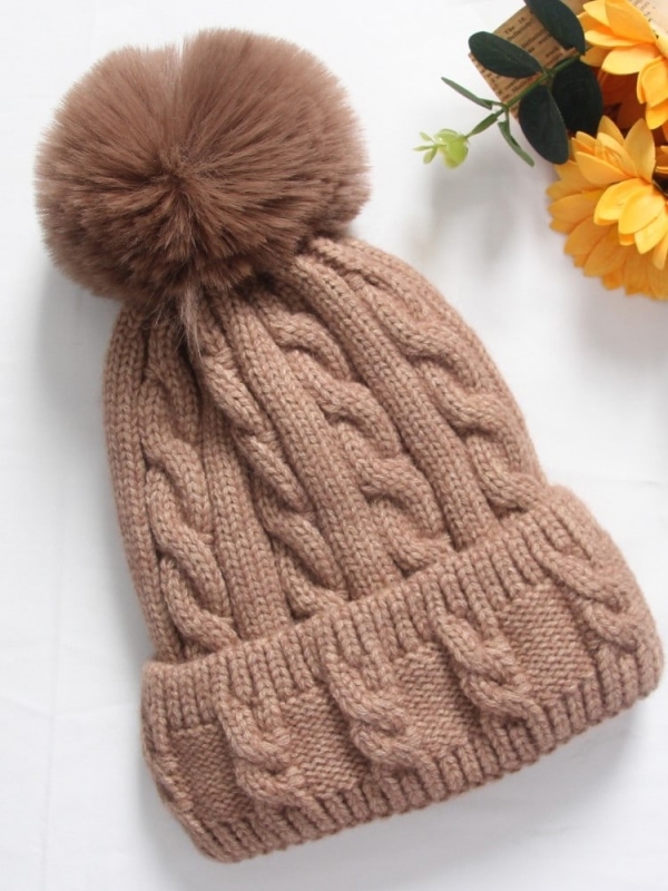 Gorro de lana con pompón de mujer TAUPE