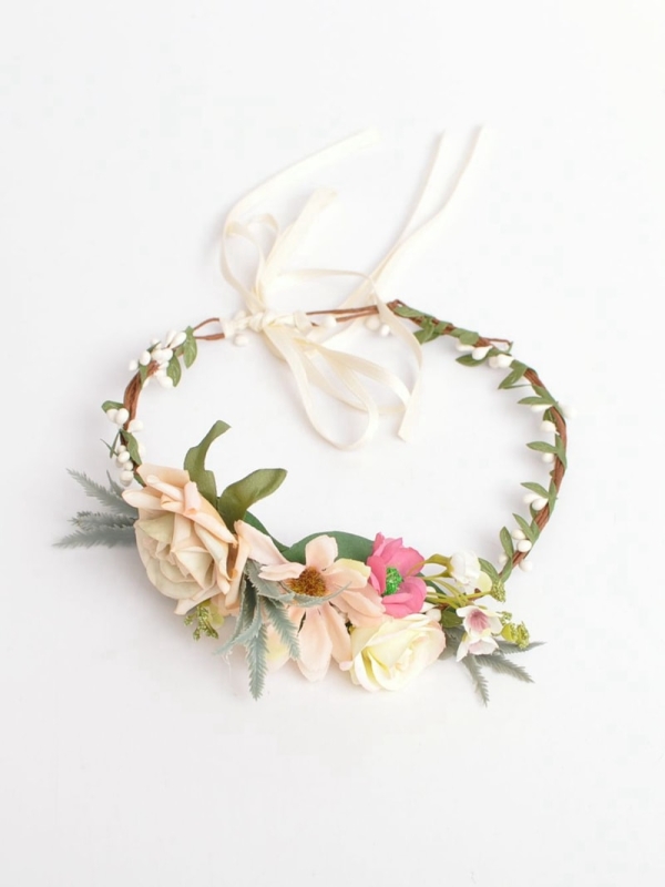 Corona diadema de flores con hojas BEIGE (2)