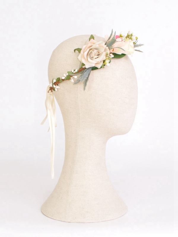 Corona diadema de flores con hojas BEIGE