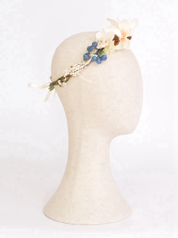 Corona diadema de flores frutos para boda bautizos BEIGE PERFIL