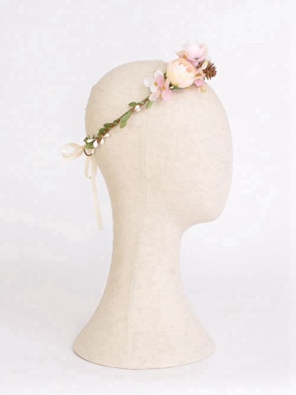 Corona diadema de flores y piñas ROSA PERFIL