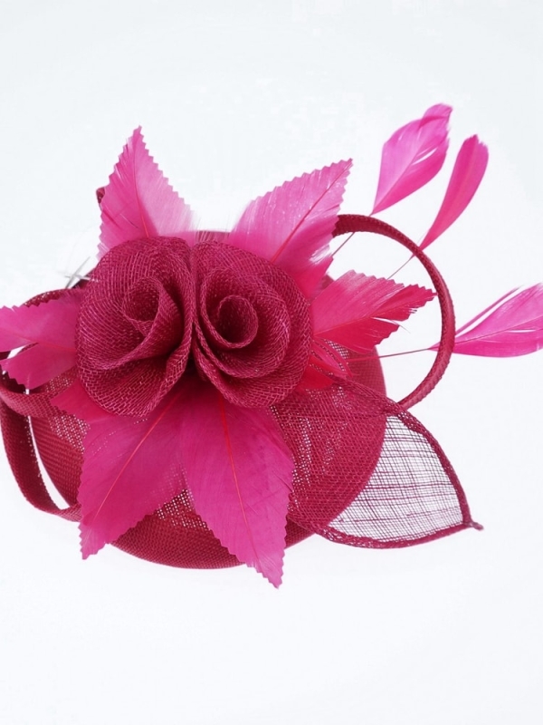 Tocado de fiesta elegante Sinamay con plumas FUCSIA