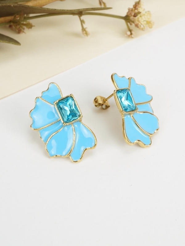 Pendientes acero inoxidable Flor con cristal AZUL