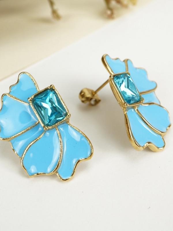 Pendientes acero inoxidable Flor con cristal AZUL DETALLE