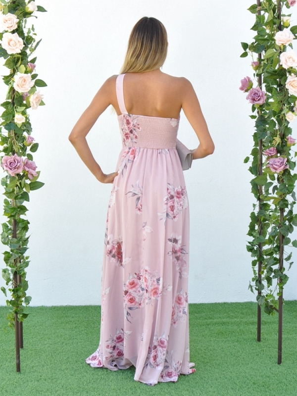 Vestido largo de fiesta estampado floral un hombro asimétrico ROSA PALO ESPALDA