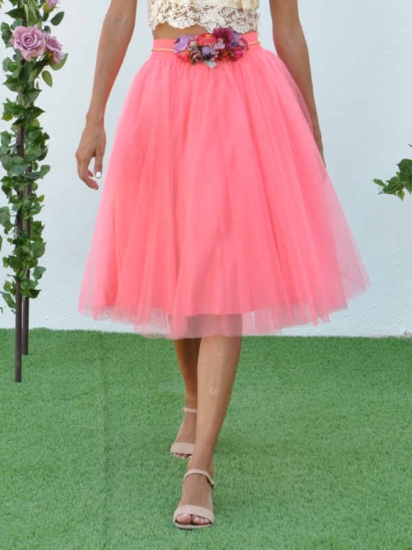 Falda midi tul con capas CORAL