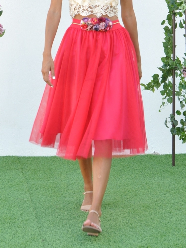 Falda midi tul con capas ROJO CHERRY