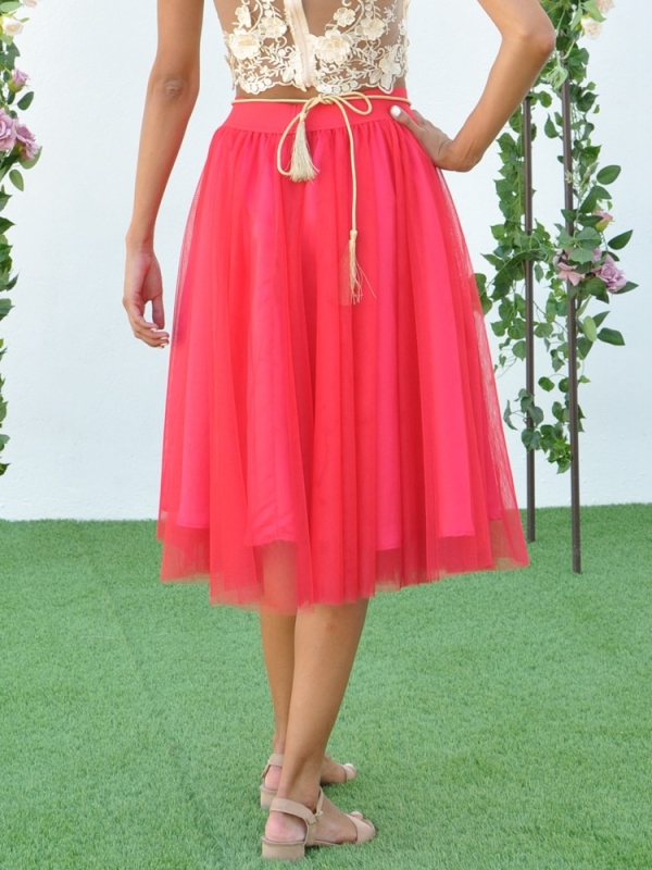 Falda midi tul con capas ROJO CHERRY ESPALDA