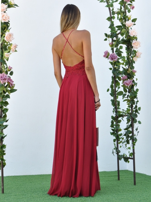 Vestido fiesta cuello halter tirantes Lluna GRANATE ESPALDA