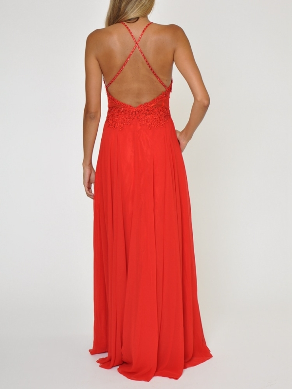 Vestido fiesta cuello halter tirantes Lluna ROJO ESPALDA