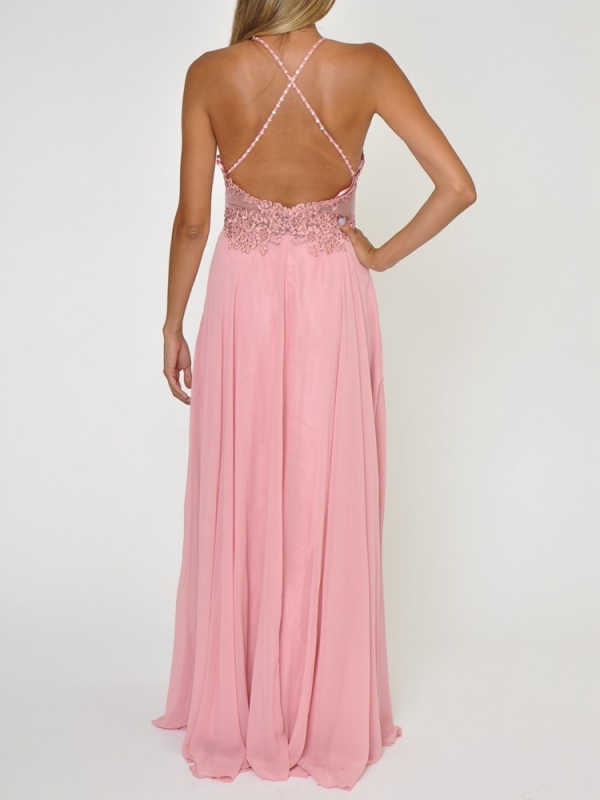 Vestido fiesta cuello halter tirantes Lluna ROSA PALO ESPALDA