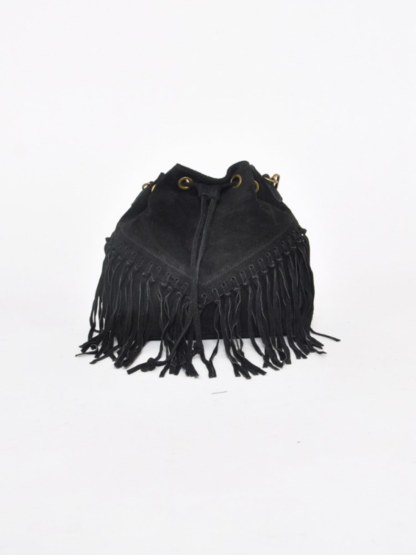 Bolso bombonera de piel serraje con flecos NEGRO