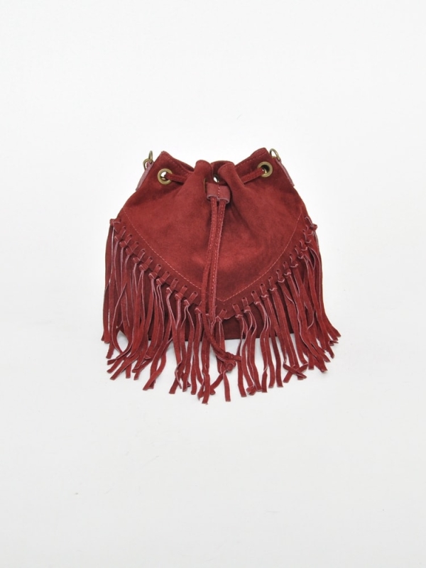 Bolso bombonera de piel serraje con flecos ROJO VINO