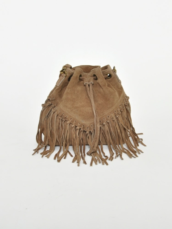 Bolso bombonera de piel serraje con flecos TAUPE