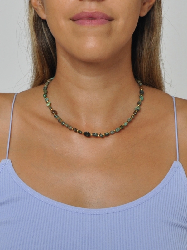 Collar acero inoxidable piedras preciosas y eslabones VERDE DETALLE