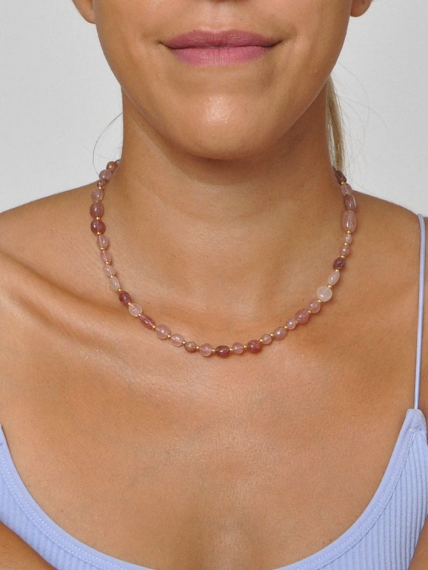 Collar acero inoxidable piedras preciosas y eslabones rosa