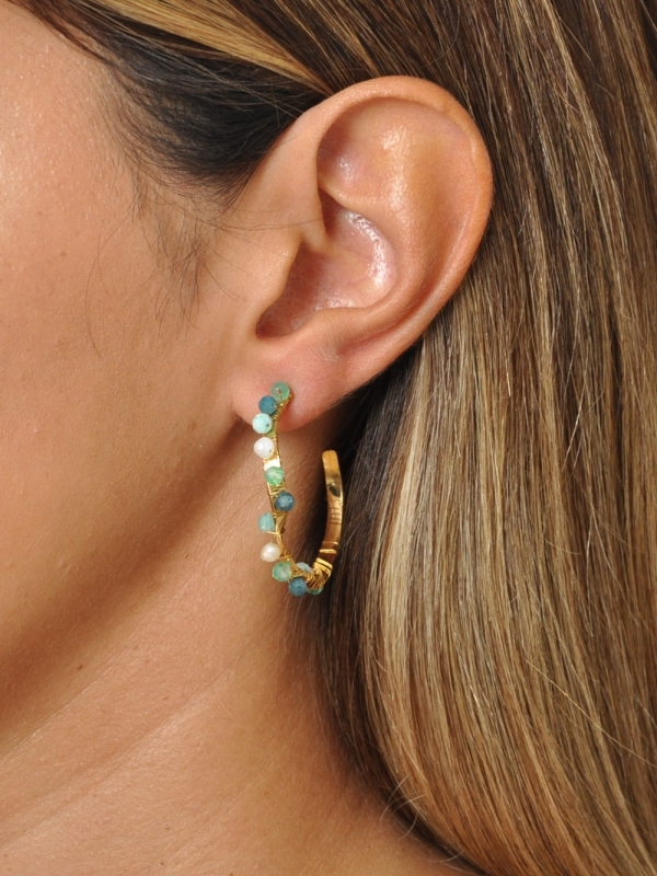 Pendientes acero inoxidable aro con cristales y perlas VERDE