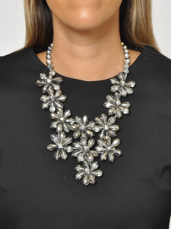 Collar de flores de cristal PLATEADO