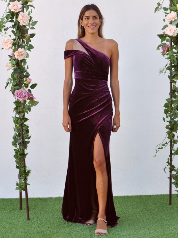 Vestido fiesta asimétrico terciopelo con raja VIOLETA