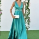 Vestido fiesta largo raso con zirconitas Linda VERDE