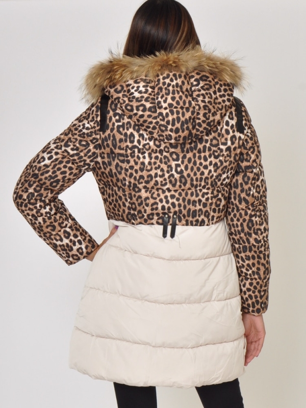 Plumífero largo con capucha de mujer Leopardo espalda