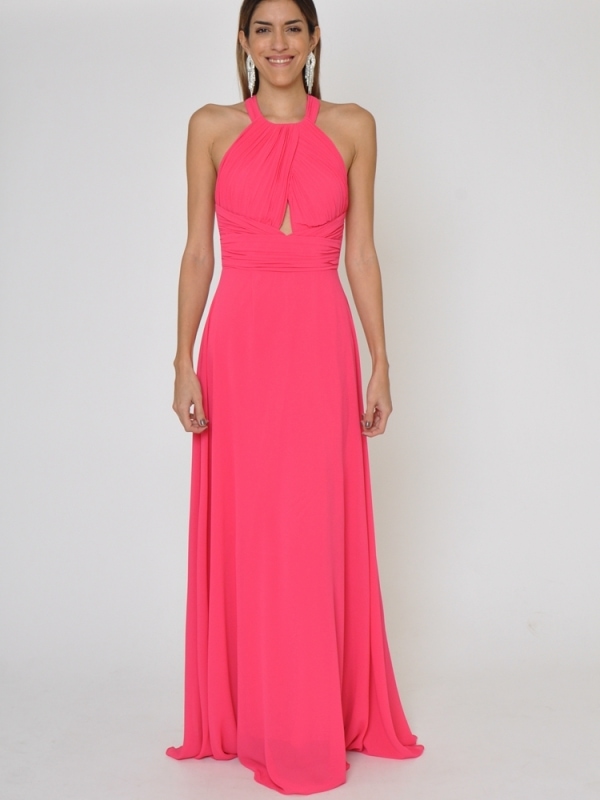 Vestido fiesta largo cuello halter Olaya FUCSIA