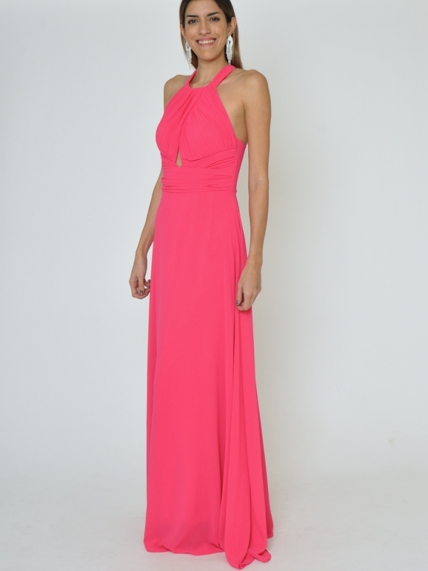 Vestido fiesta largo cuello halter Olaya FUCSIA PERFIL