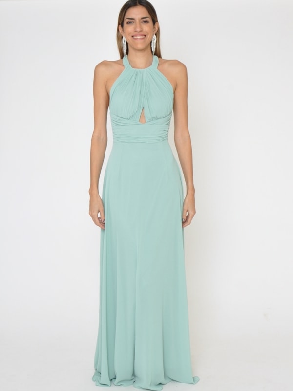 Vestido fiesta largo cuello halter Olaya VERDE MENTA