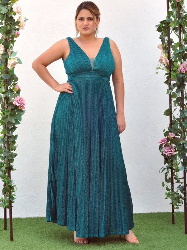 Vestido fiesta largo plisado con brillo Olimpia - Tallas Grandes VERDE