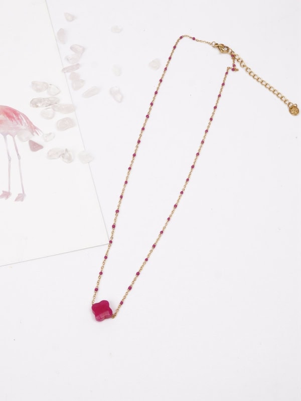 Collar acero inoxidable trébol de piedra natural FUCSIA