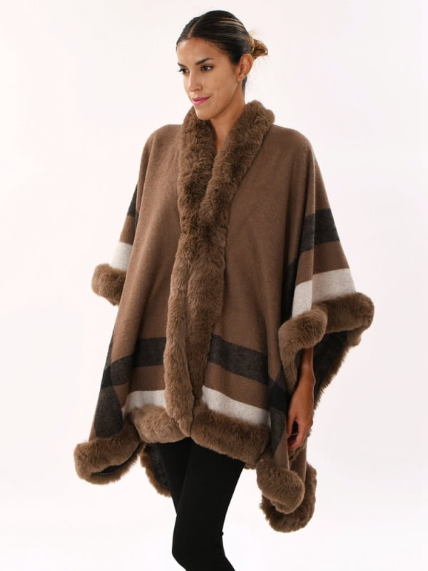 Poncho mujer de cuadros con borde de pelo sintético TAUPE DETALLE