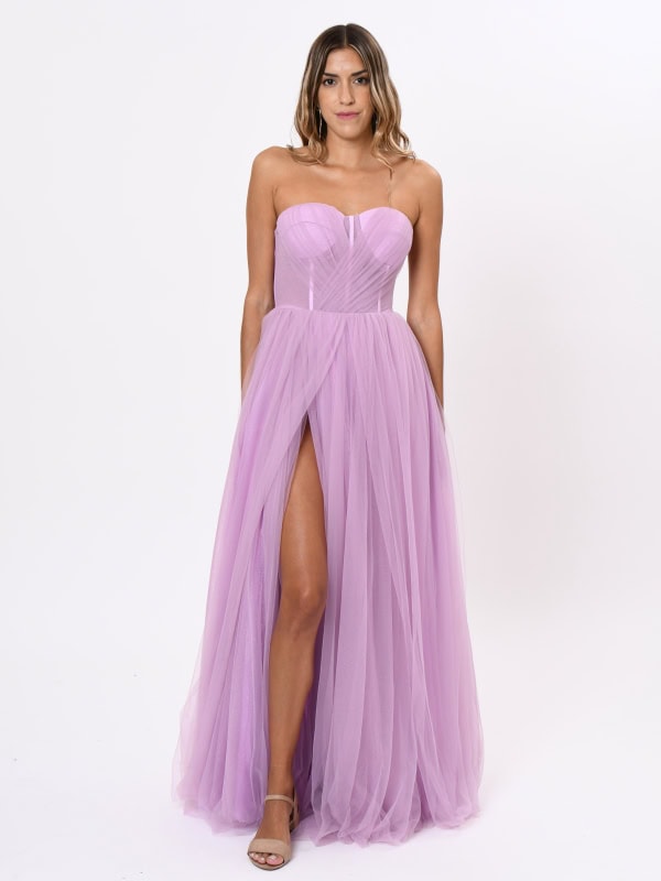 Vestido fiesta largo tul con brillos CELINA LILA
