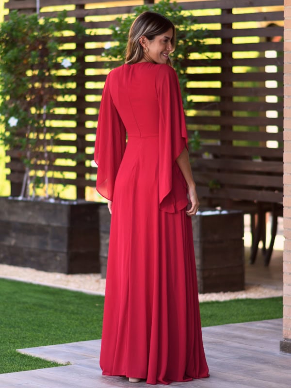 Vestido fiesta largo mangas volantes ROJO CHERRY ESPALDA