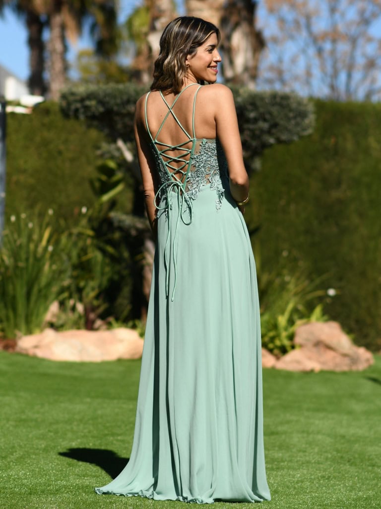 Vestido largo de chiffon y encaje con espalda descubierta Blanco