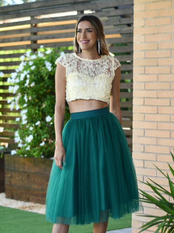 Falda midi tul con capas VERDE