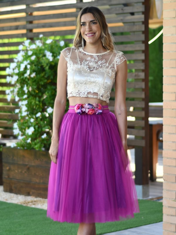 Falda midi tul con capas buganvilla