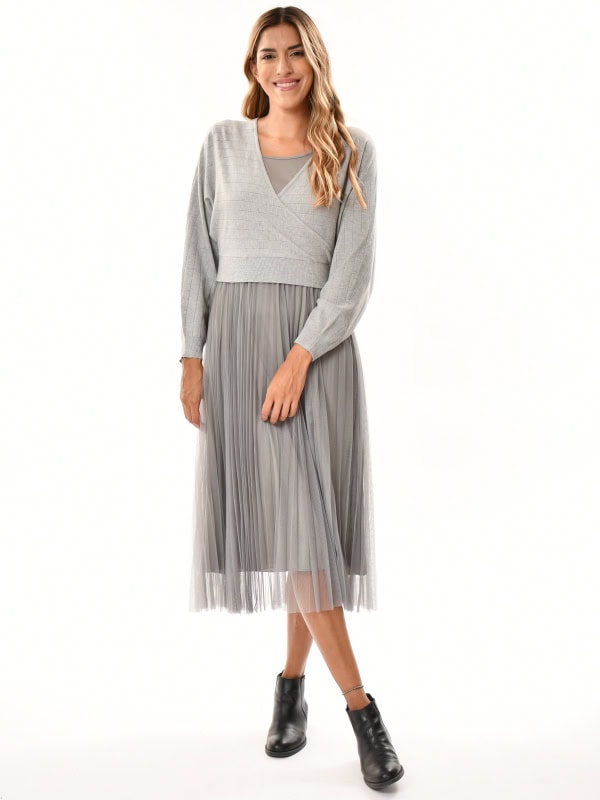 Vestido midi de punto cruzado dos piezas falda tul GRIS