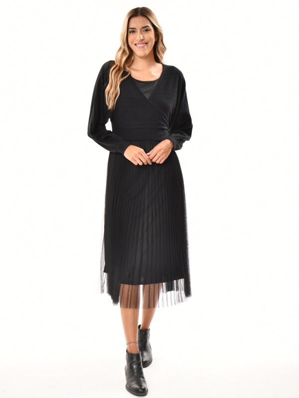 Vestido midi de punto cruzado dos piezas falda tul NEGRO