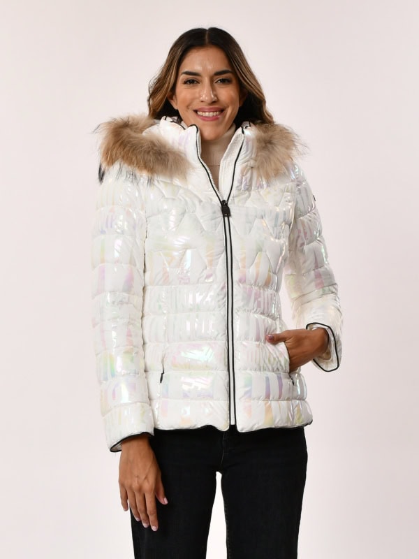 Chaqueta Plumífero con capucha de pelo natural BLANCO