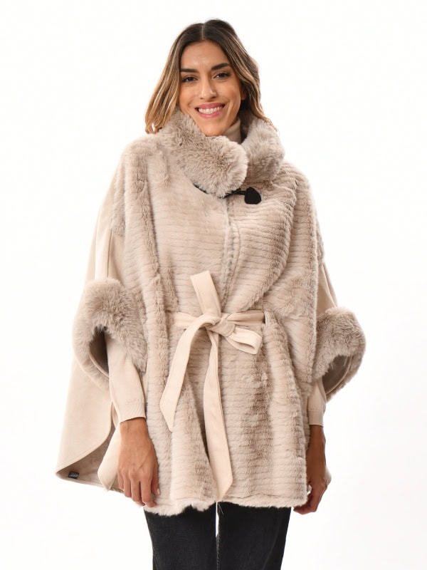 Chaqueta-Poncho con ribete pelo sintético BEIGE