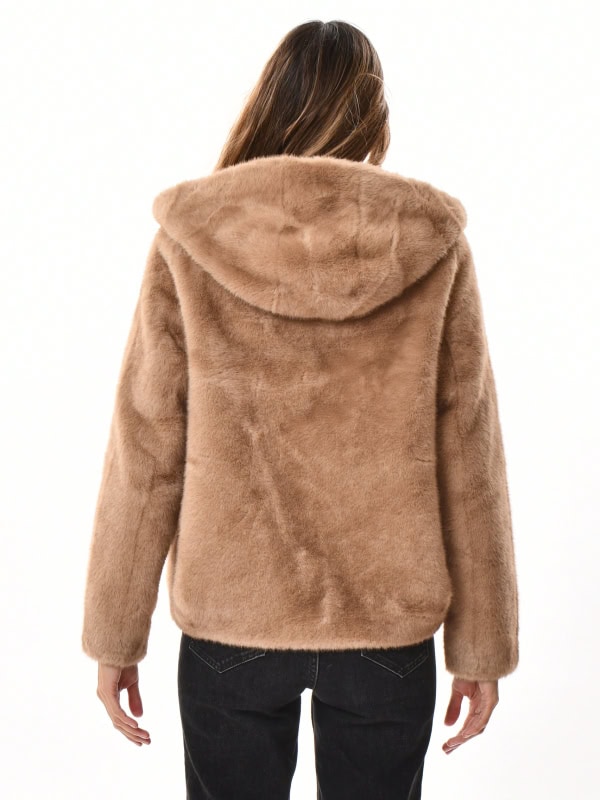 Chaqueta con capucha pelo peluche TAUPE ESPALDA