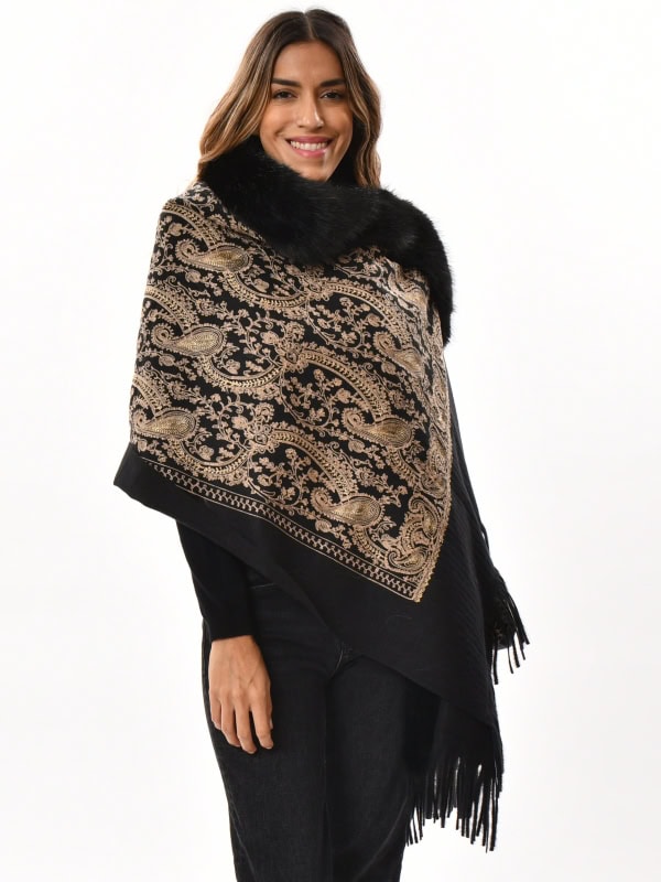 Poncho bordado con ribete pelo sintético DETALLE